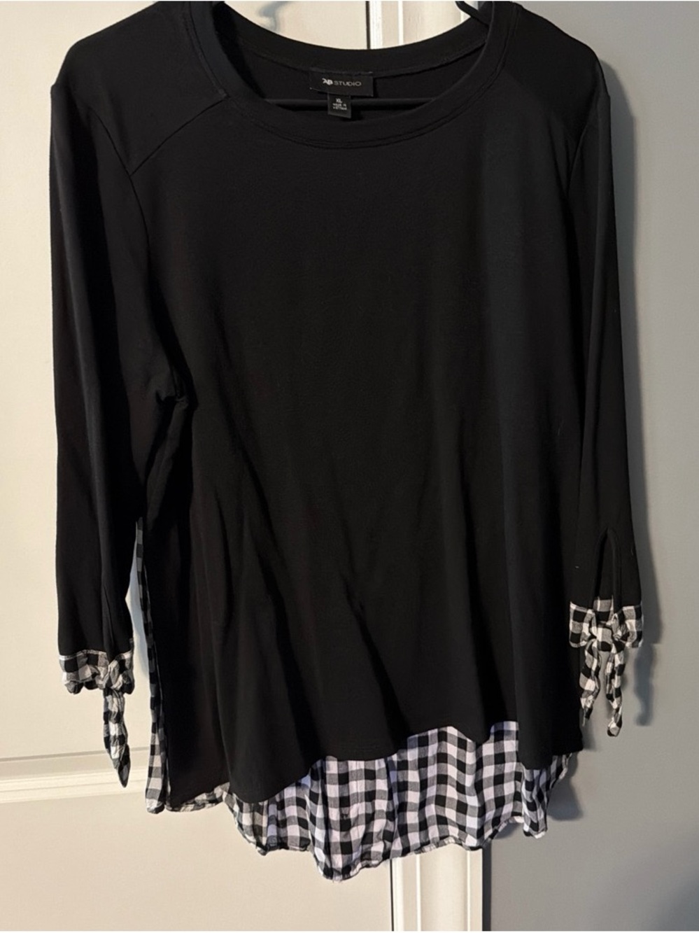 AB Studio Black Long Sleeve Tunic with Black-and-White Gingham Trim